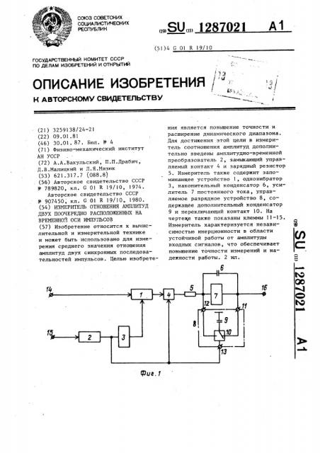 Измеритель отношения амплитуд двух поочередно расположенных на временной оси импульсов (патент 1287021)
