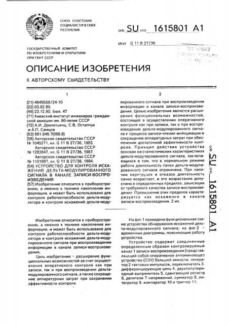 Устройство для контроля искажений дельта-модулированного сигнала в канале записи-воспроизведения (патент 1615801)