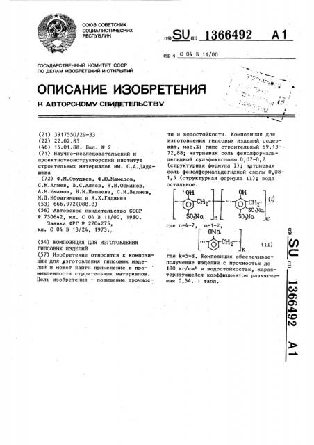 Композиция для изготовления гипсовых изделий (патент 1366492)
