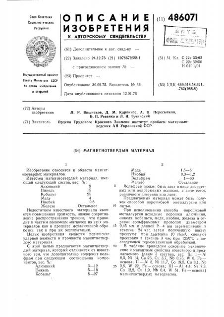 Магнитнотвердый материал (патент 486071)