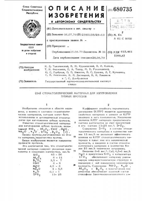 Стоматологический материал для изготовления зубных протезов (патент 680735)