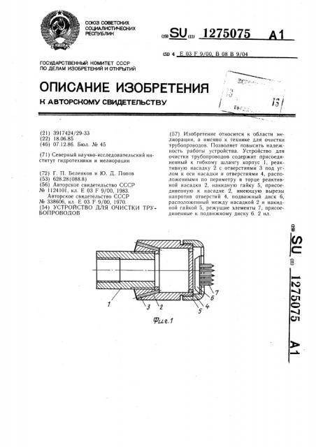 Устройство для очистки трубопроводов (патент 1275075)