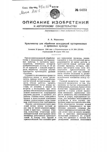 Культиватор для обработки междурядий кустарниковых и древесных культур (патент 64551)