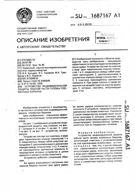 Устройство индивидуальной защиты лобной части головы племенных баранов (патент 1687167)