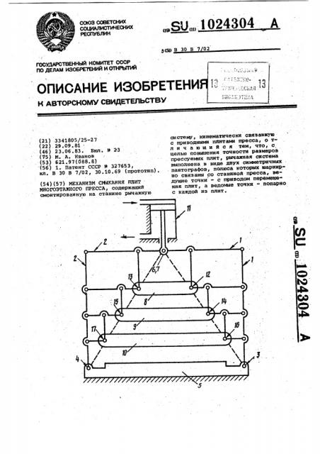 Механизм смыкания плит многоэтажного пресса (патент 1024304)
