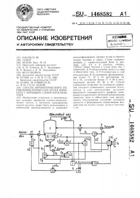 Способ автоматического управления процессом пуска аппарата с кипящим слоем катализатора (патент 1468582)
