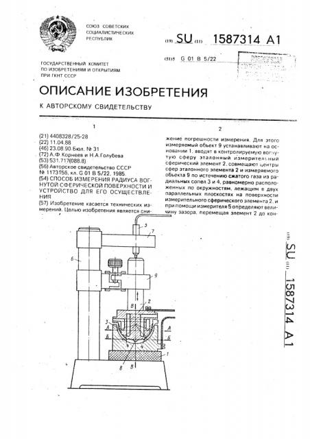 Способ измерения радиуса вогнутой сферической поверхности и устройство для его осуществления (патент 1587314)