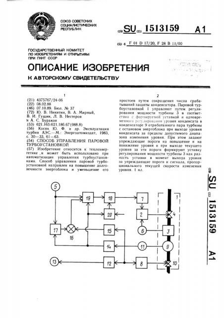 Способ управления паровой турбоустановкой (патент 1513159)