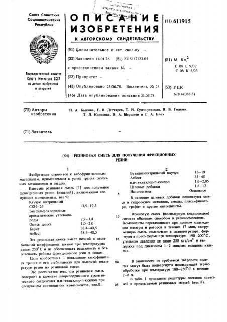 Резиновая смесь для получения фрикционных резин (патент 611915)