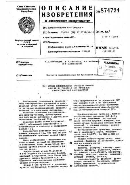 Штамм клубеньковых бактерий фасоли rнizовiuм рнаsеоli 695- активный симбиотический азотофиксатор (патент 874724)