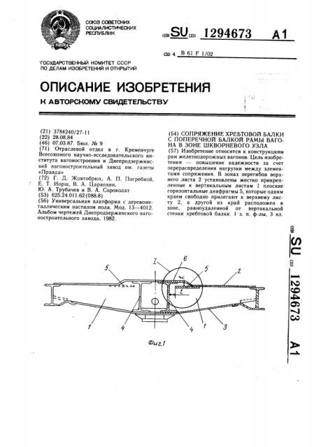 Сопряжение хребтовой балки с поперечной балкой рамы вагона в зоне шкворневого узла (патент 1294673)