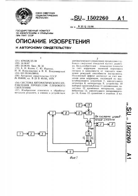 Система автоматического управления процессом глубокого сверления (патент 1502260)