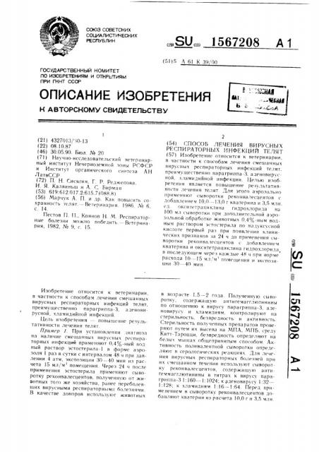 Способ лечения вирусных респираторных инфекций телят (патент 1567208)