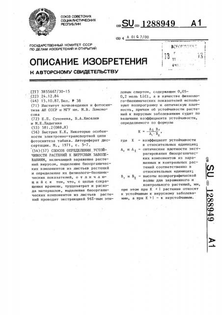 Способ определения устойчивости растений к вирусным заболеваниям (патент 1288949)