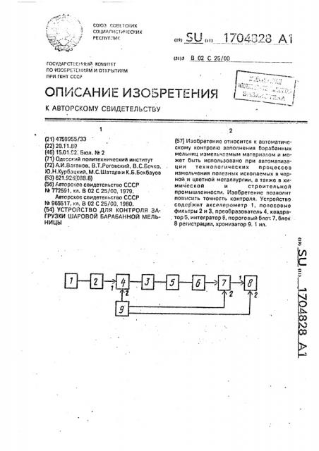 Устройство для контроля загрузки шаровой барабанной мельницы (патент 1704828)