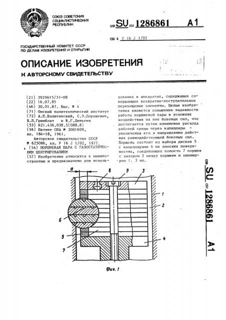 Поршневая пара с газостатическим центрированием (патент 1286861)