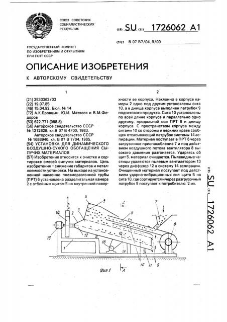 Установка для динамического воздушно-сухого обогащения сыпучих материалов (патент 1726062)