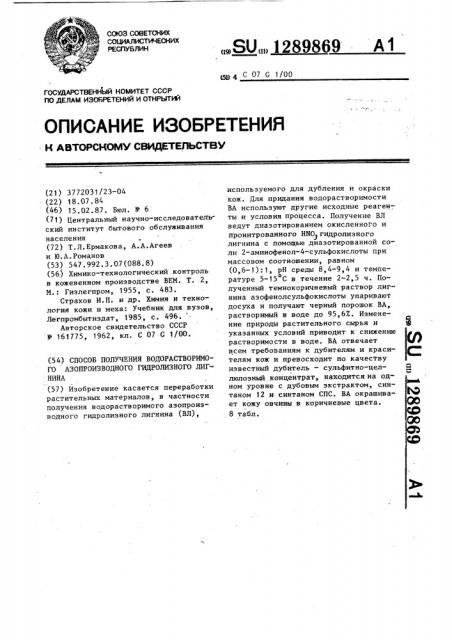 Способ получения водорастворимого азопроизводного гидролизного лигнина (патент 1289869)