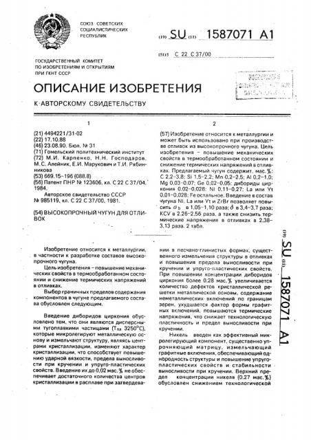 Высокопрочный чугун для отливок (патент 1587071)