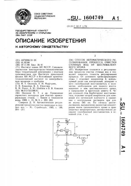 Способ автоматического регулирования процесса очистки сточных вод от шестивалентного хрома (патент 1604749)