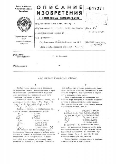 Медное рубиновое стекло (патент 647271)
