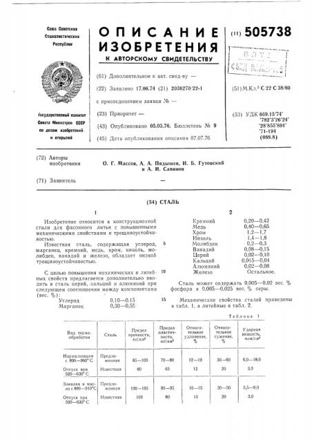 Сталь (патент 505738)