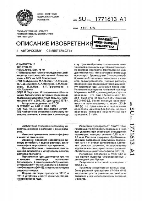 Гаметоцид для пшеницы и ржи (патент 1771613)