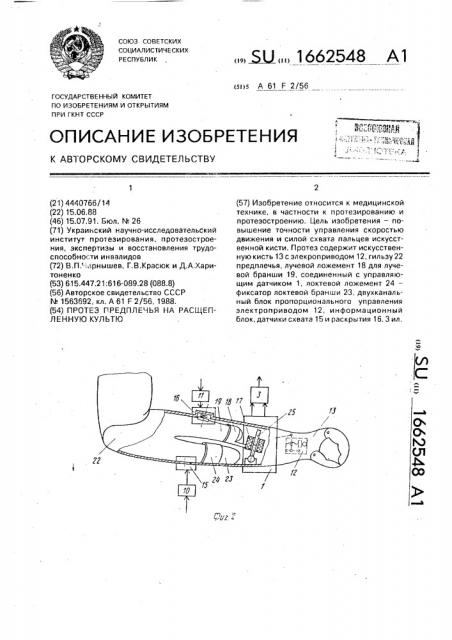 Протез предплечья на расщепленную культю (патент 1662548)