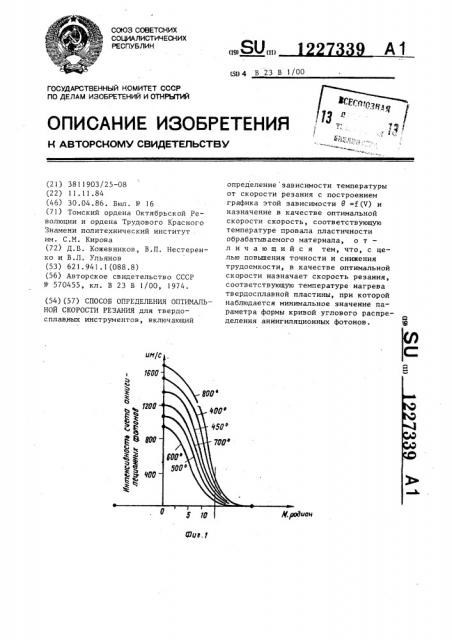 Способ определения оптимальной скорости резания (патент 1227339)