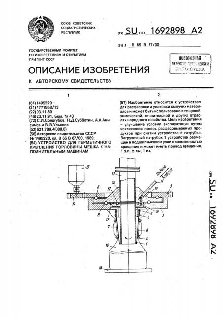 Устройство для герметичного крепления горловины мешка к наполненным машинам (патент 1692898)