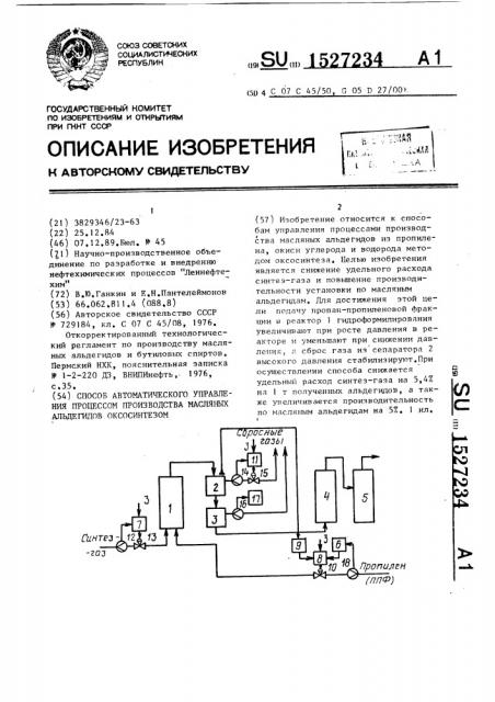 Способ автоматического управления процессом производства масляных альдегидов оксосинтезом (патент 1527234)