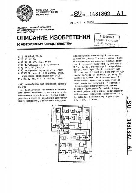 Устройство для контроля блоков памяти (патент 1481862)