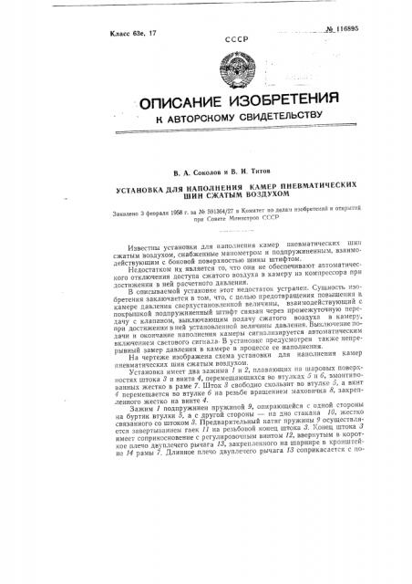 Установка для наполнения камер пневматических шин сжатым воздухом (патент 116895)