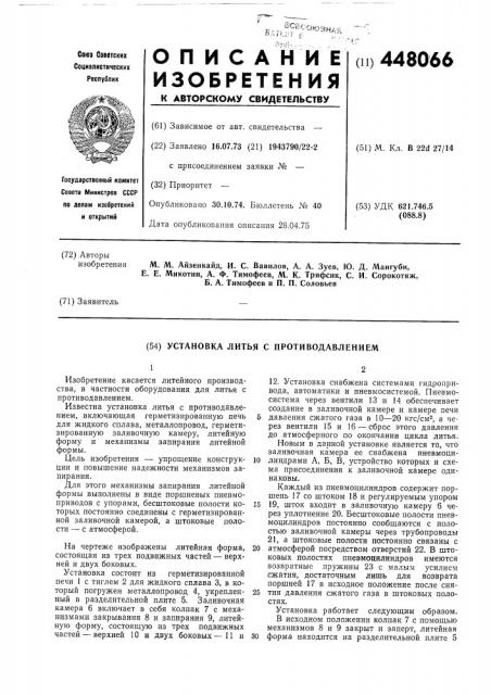 Установка литья с противодавлением (патент 448066)