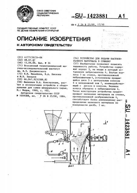Устройство для подачи пастообразного материала в сушилку (патент 1423881)