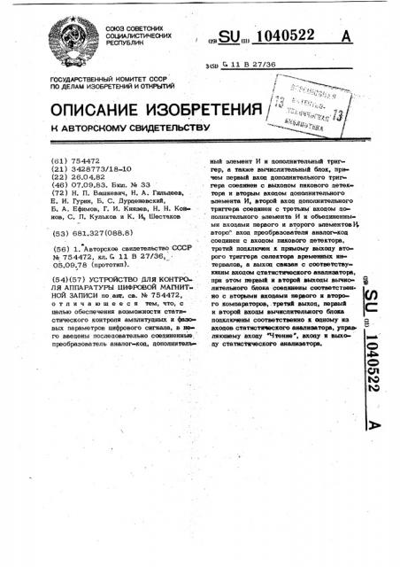 Устройство для контроля аппаратуры цифровой магнитной записи (патент 1040522)