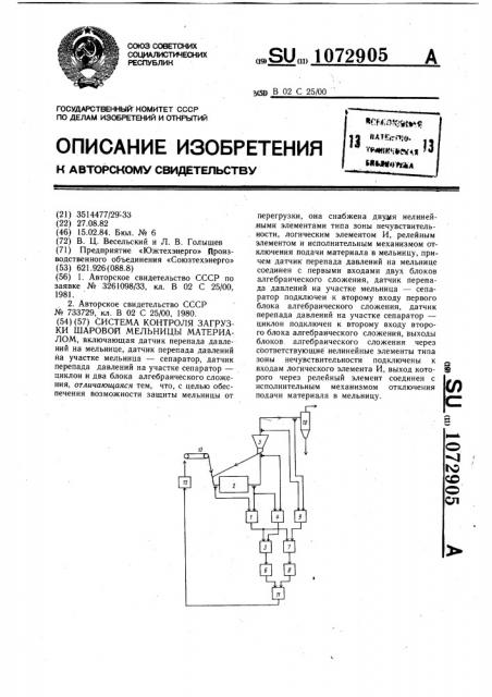 Система контроля загрузки шаровой мельницы материалом (патент 1072905)