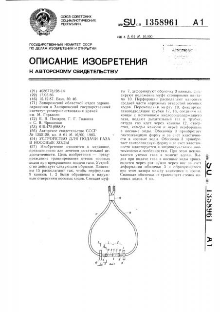 Устройство для подачи газа в носовые ходы (патент 1358961)