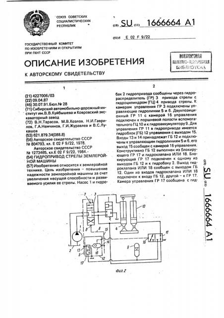 Гидропривод стрелы землеройной машины (патент 1666664)