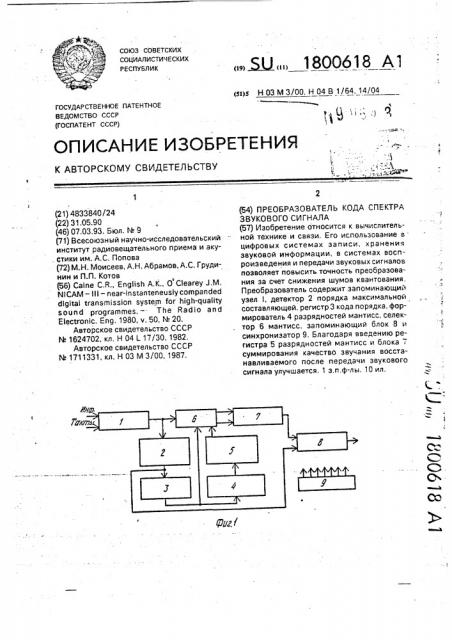 Преобразователь кода спектра звукового сигнала (патент 1800618)