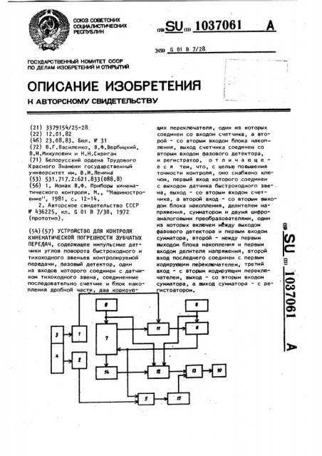 Устройство для контроля кинематической погрешности зубчатых передач (патент 1037061)