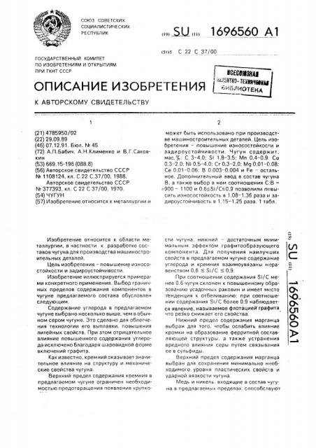 Чугун (патент 1696560)