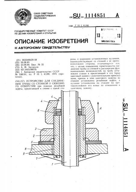 Устройство для соединения трубы со стенкой у сквозного отверстия (патент 1114851)