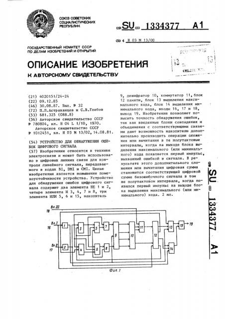 Устройство для обнаружения ошибок цифрового сигнала (патент 1334377)