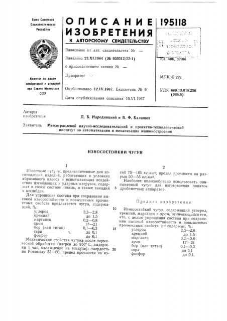 Износостойкий чугун (патент 195118)