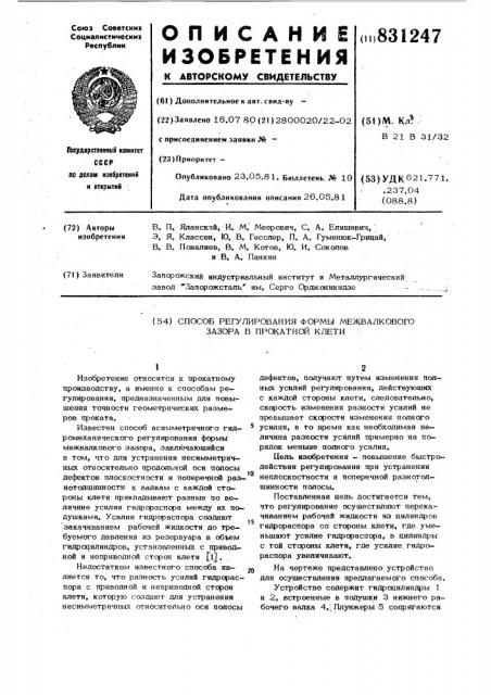 Способ регулирования формы меж-валкового зазора b прокатнойклети (патент 831247)