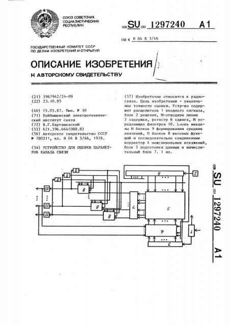 Устройство для оценки параметров канала связи (патент 1297240)