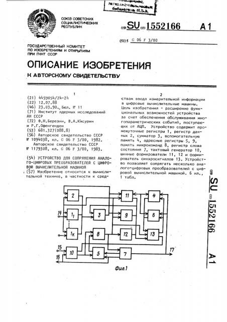 Устройство для сопряжения аналого-цифровых преобразователей с цифровой вычислительной машиной (патент 1552166)