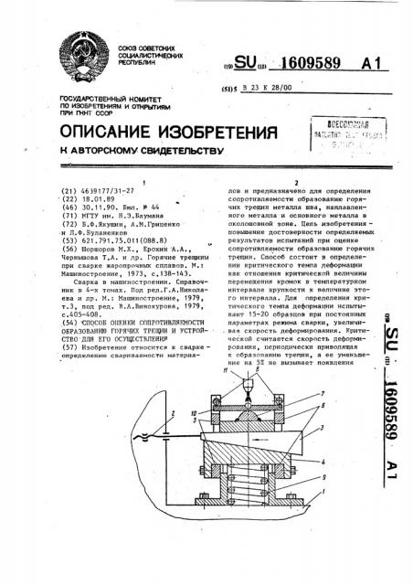 Способ оценки сопротивляемости образованию горячих трещин и устройство для его осуществления (патент 1609589)