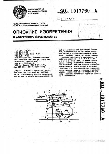 Подвеска рабочего органа для очистки покрытий на базовом шасси (патент 1017760)